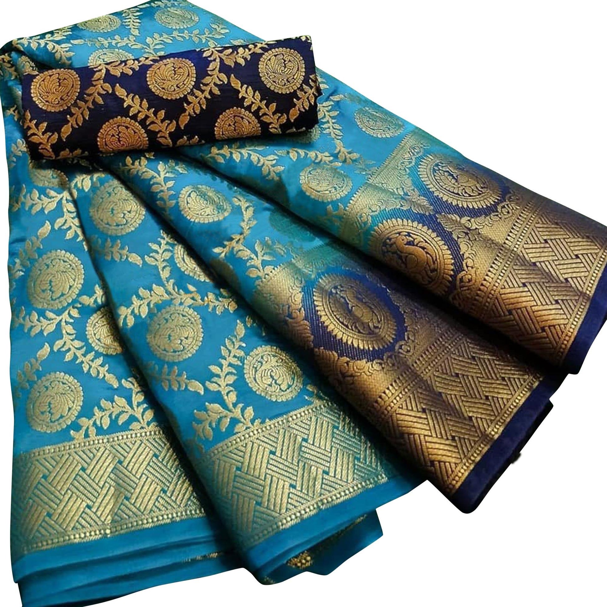 Impressive Sky Blue Colored Festive Wear Woven Silk Blend Saree