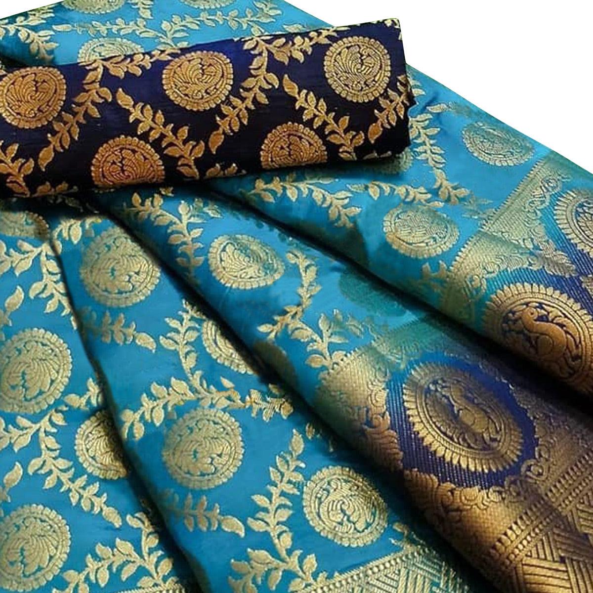Impressive Sky Blue Colored Festive Wear Woven Silk Blend Saree