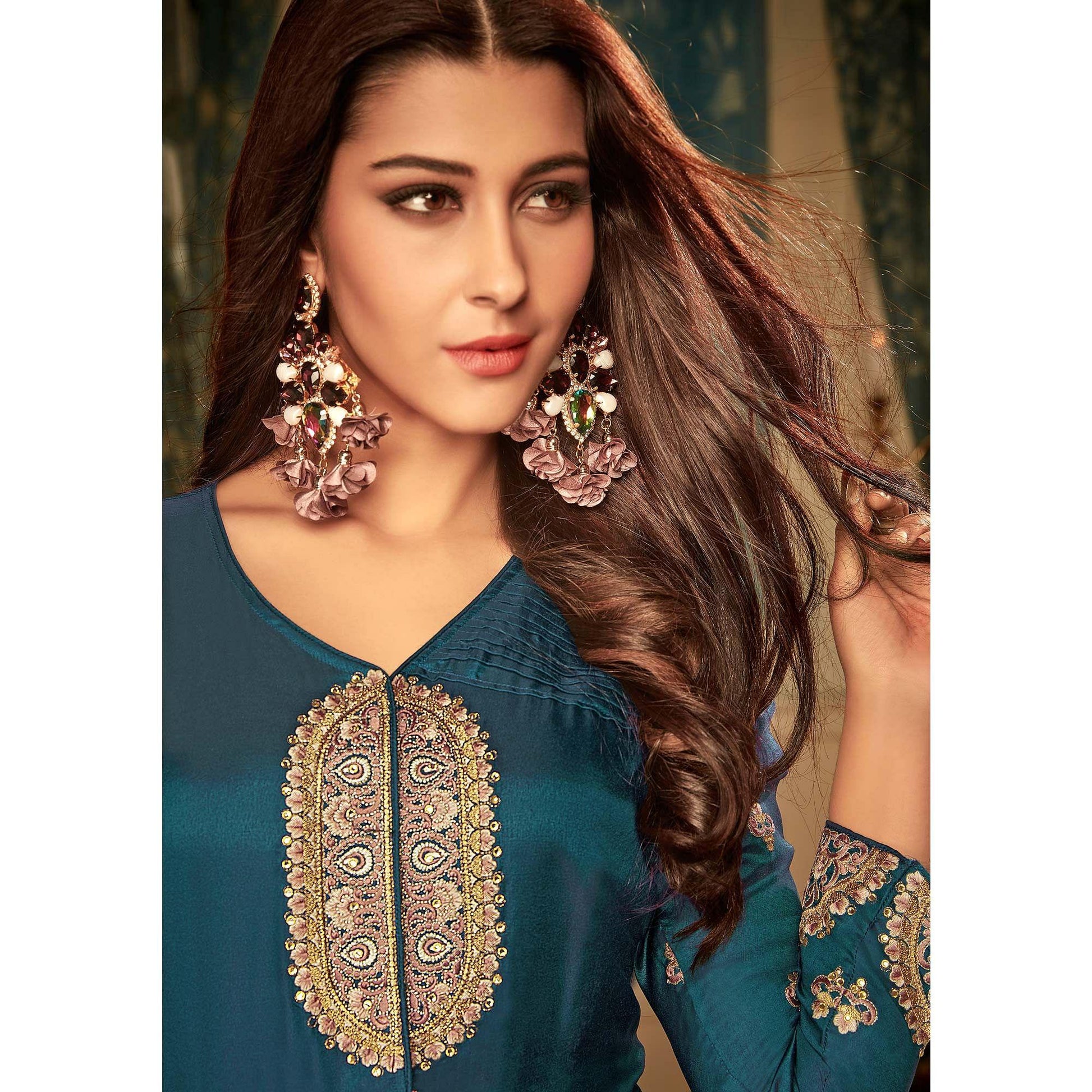 Impressive Teal Blue Colored Partywear Embroidered Heavy Muslin Gown