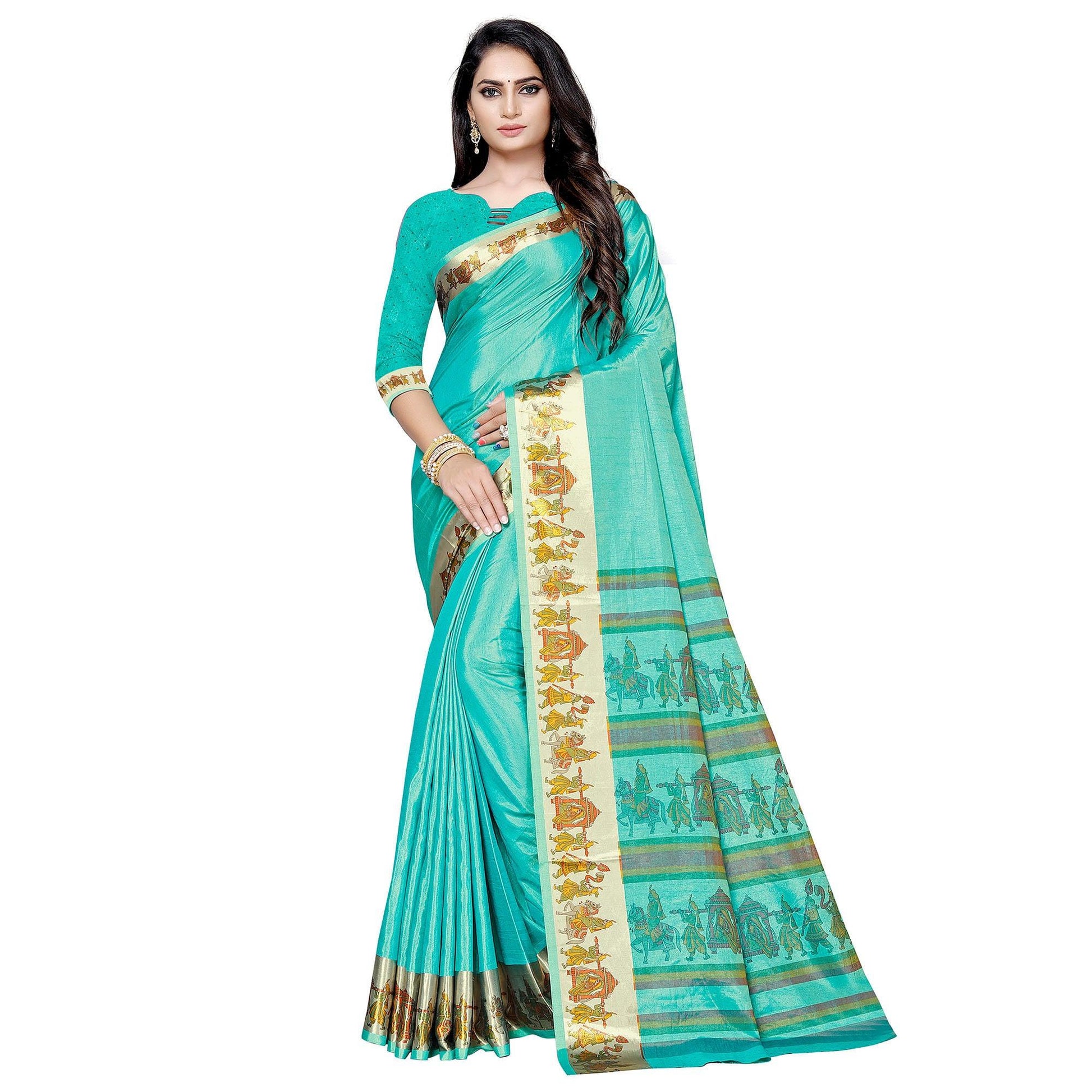 Impressive Turquoise Green Colored Casual Printed Art Silk Saree