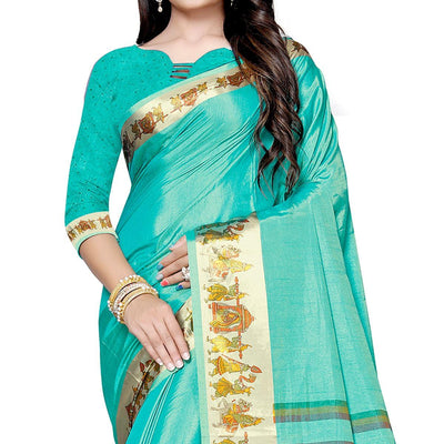 Impressive Turquoise Green Colored Casual Printed Art Silk Saree