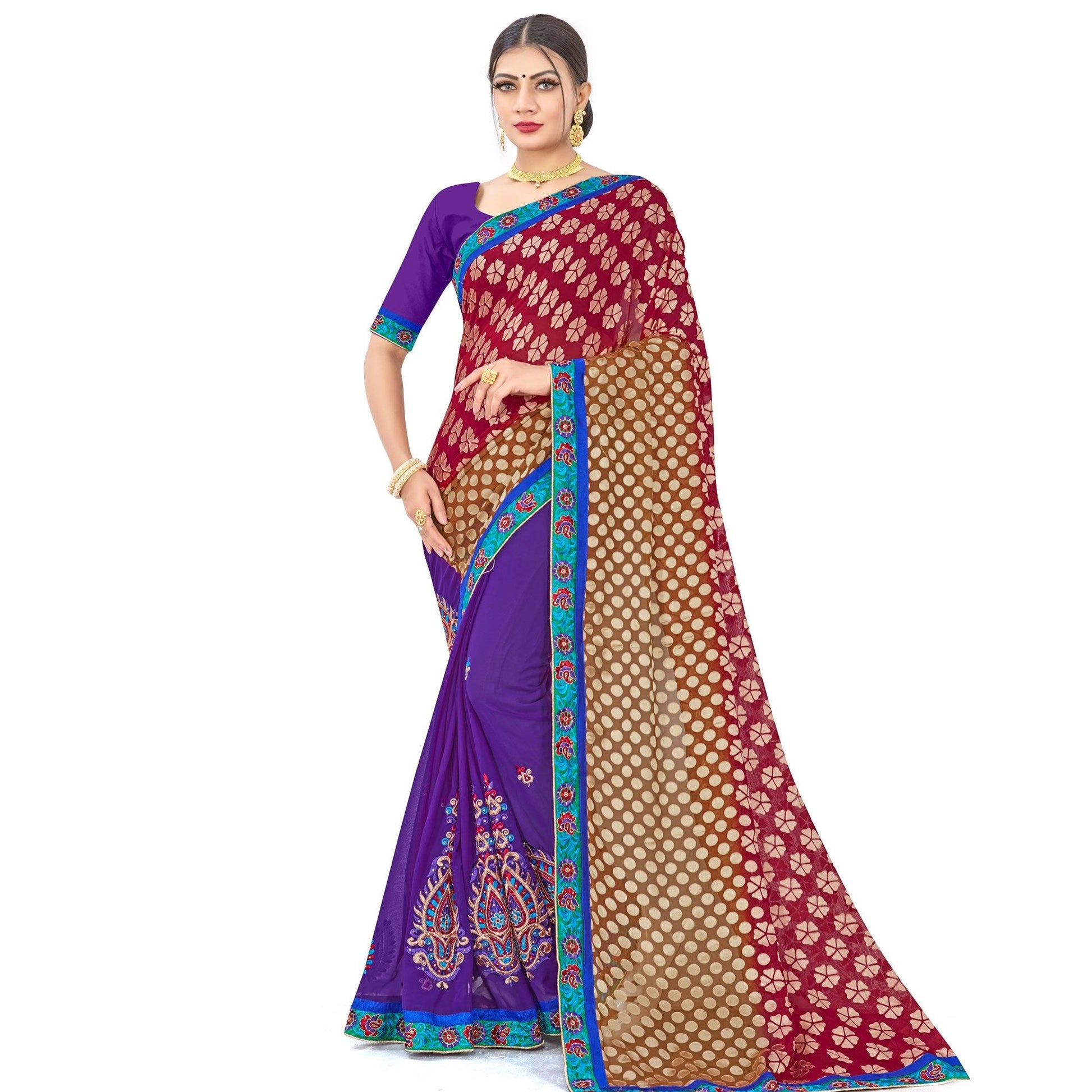 Impressive Violet-Maroon Colored Party Wear Embroidered Georgette Half-Half Saree