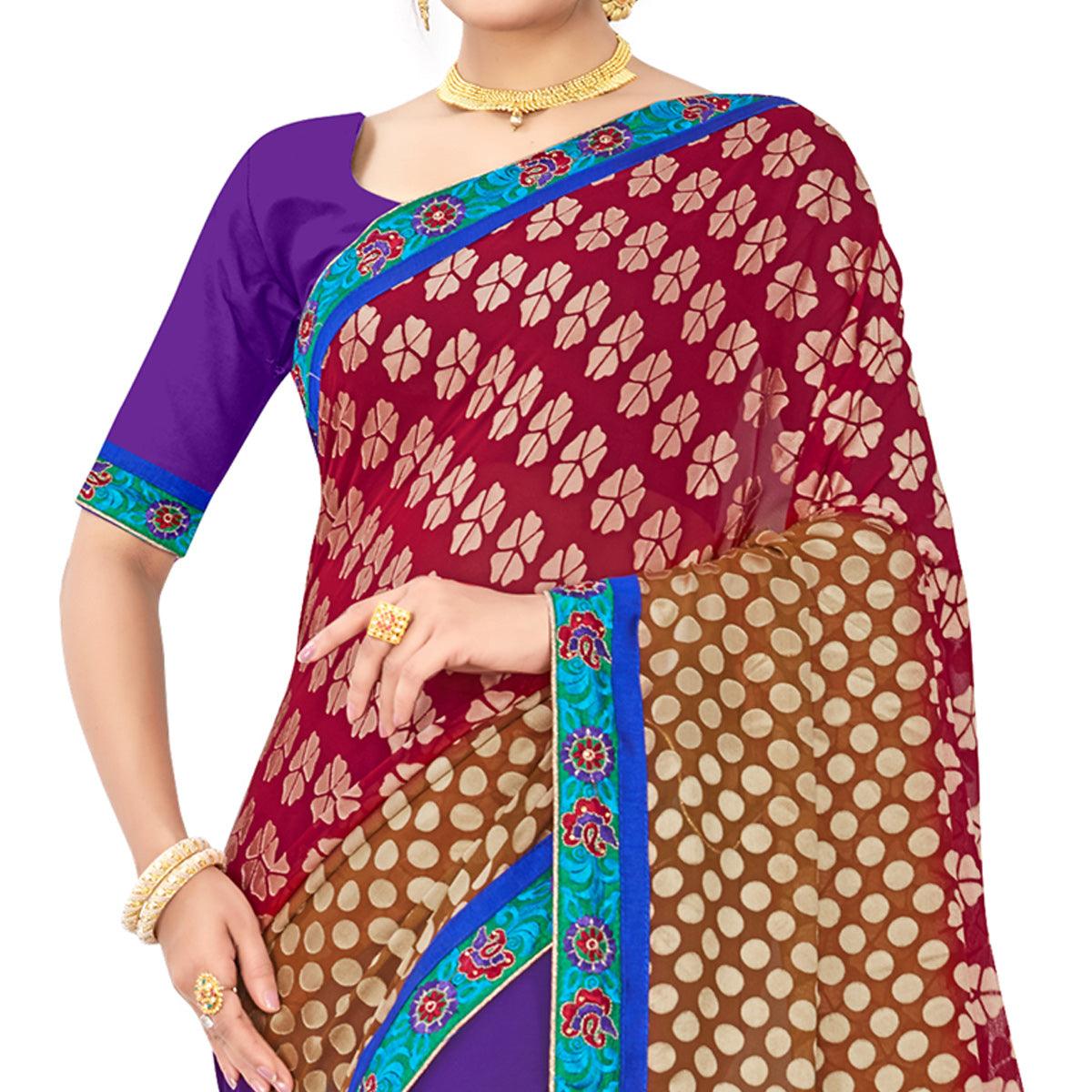 Impressive Violet-Maroon Colored Party Wear Embroidered Georgette Half-Half Saree