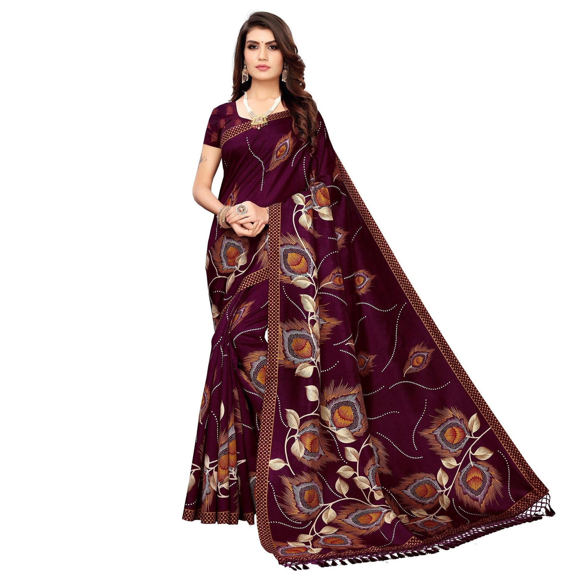 Impressive Wine Colored Festive Wear Printed Art Silk Saree