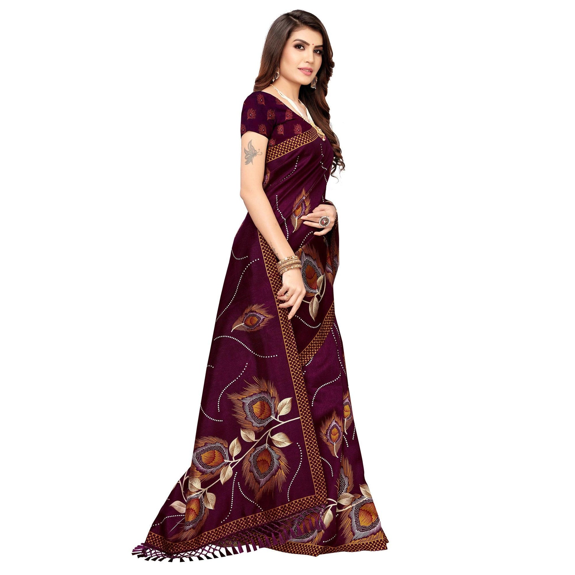Impressive Wine Colored Festive Wear Printed Art Silk Saree