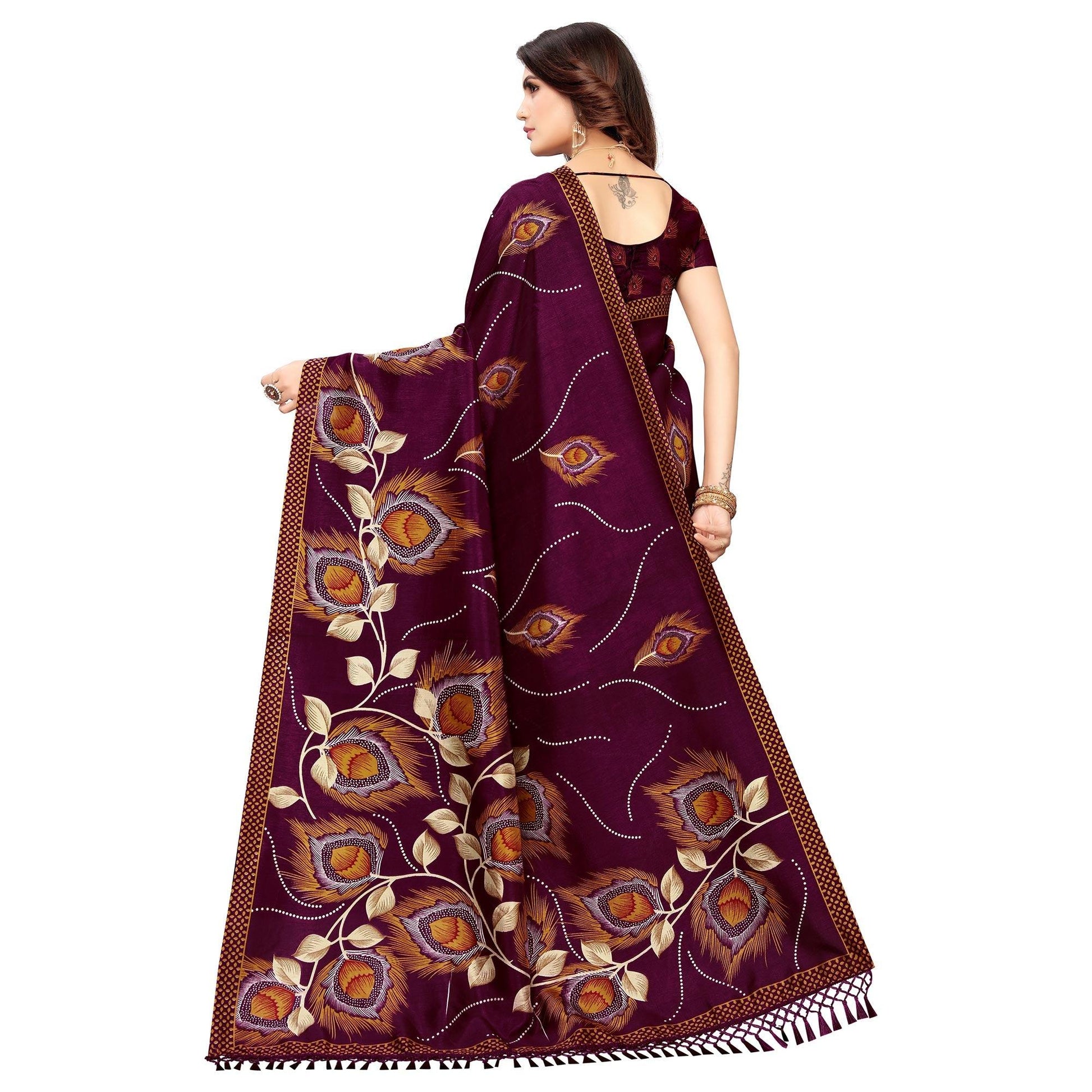 Impressive Wine Colored Festive Wear Printed Art Silk Saree