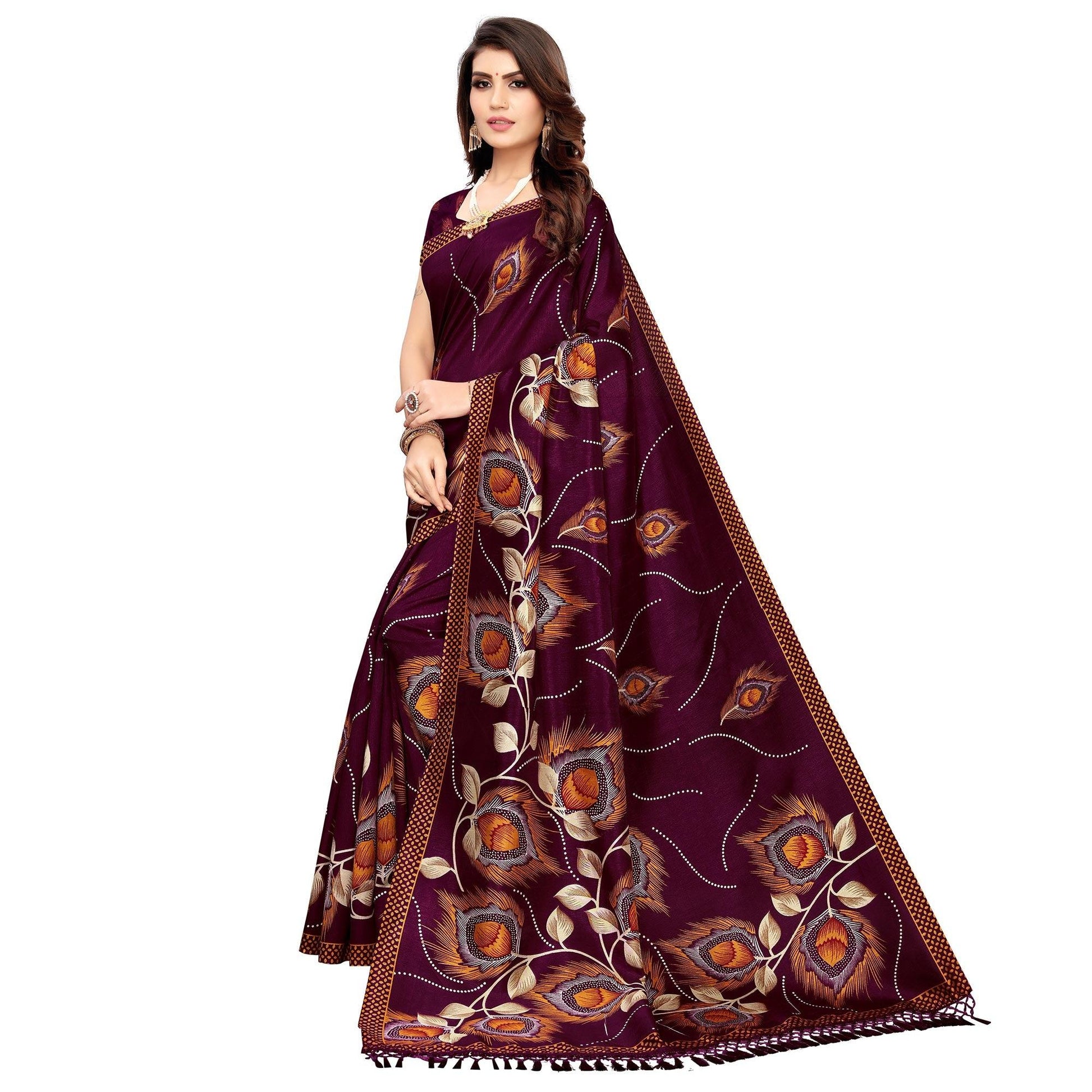 Impressive Wine Colored Festive Wear Printed Art Silk Saree