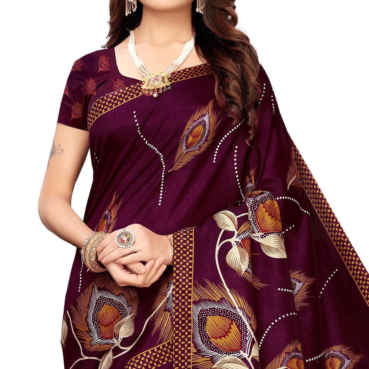 Impressive Wine Colored Festive Wear Printed Art Silk Saree