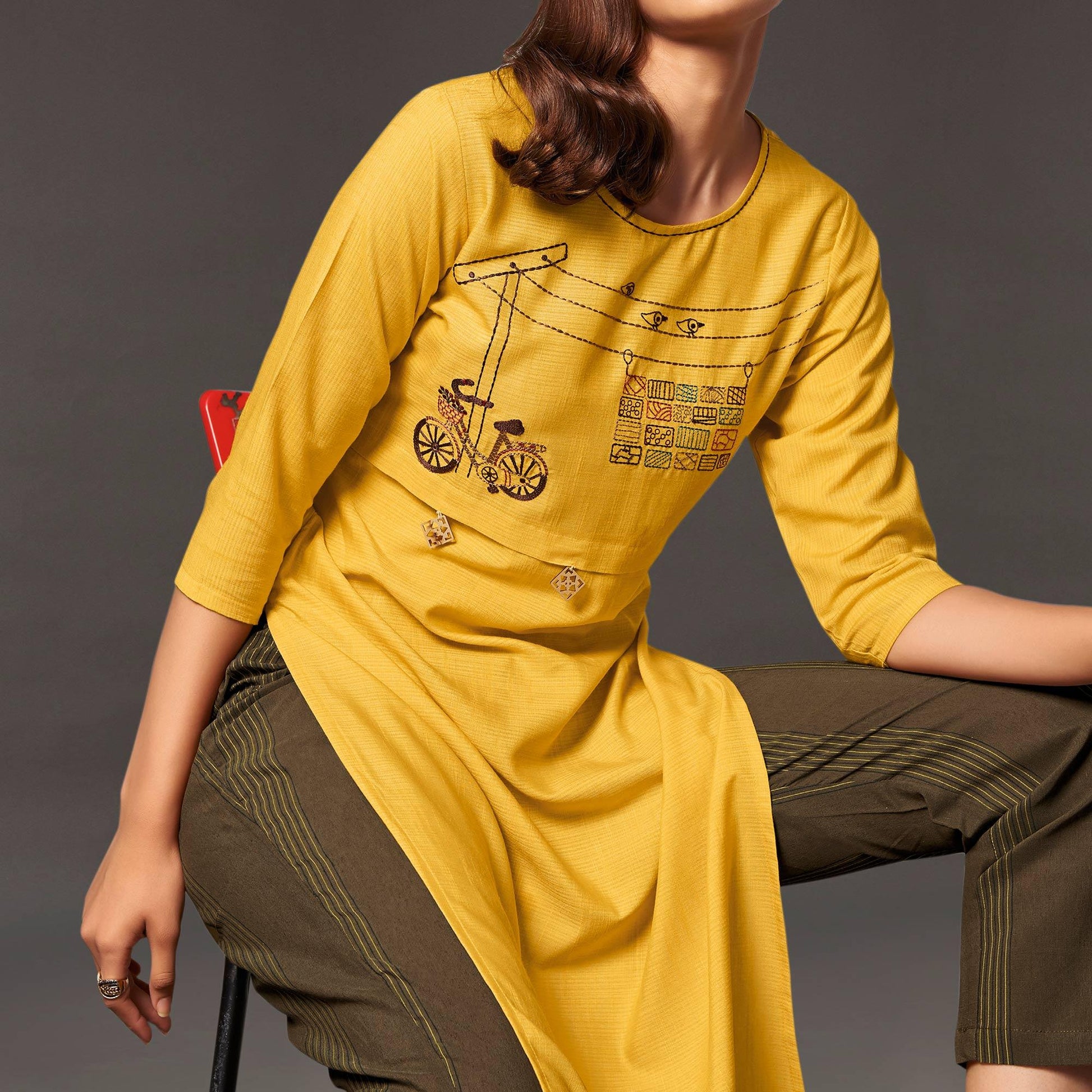 Impressive Yellow Colored Casual Wear Cotton Kurti With Bottom