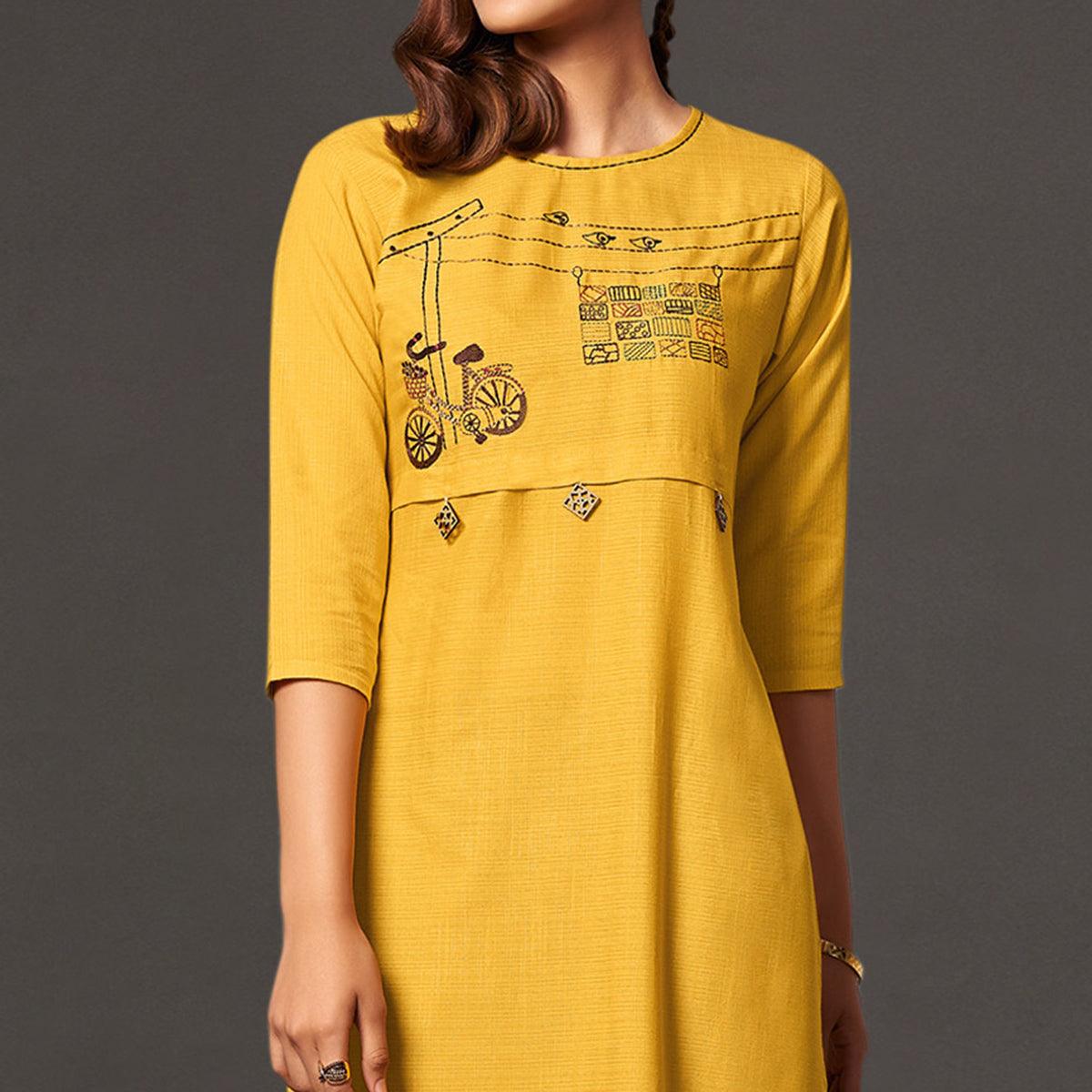 Impressive Yellow Colored Casual Wear Cotton Kurti With Bottom