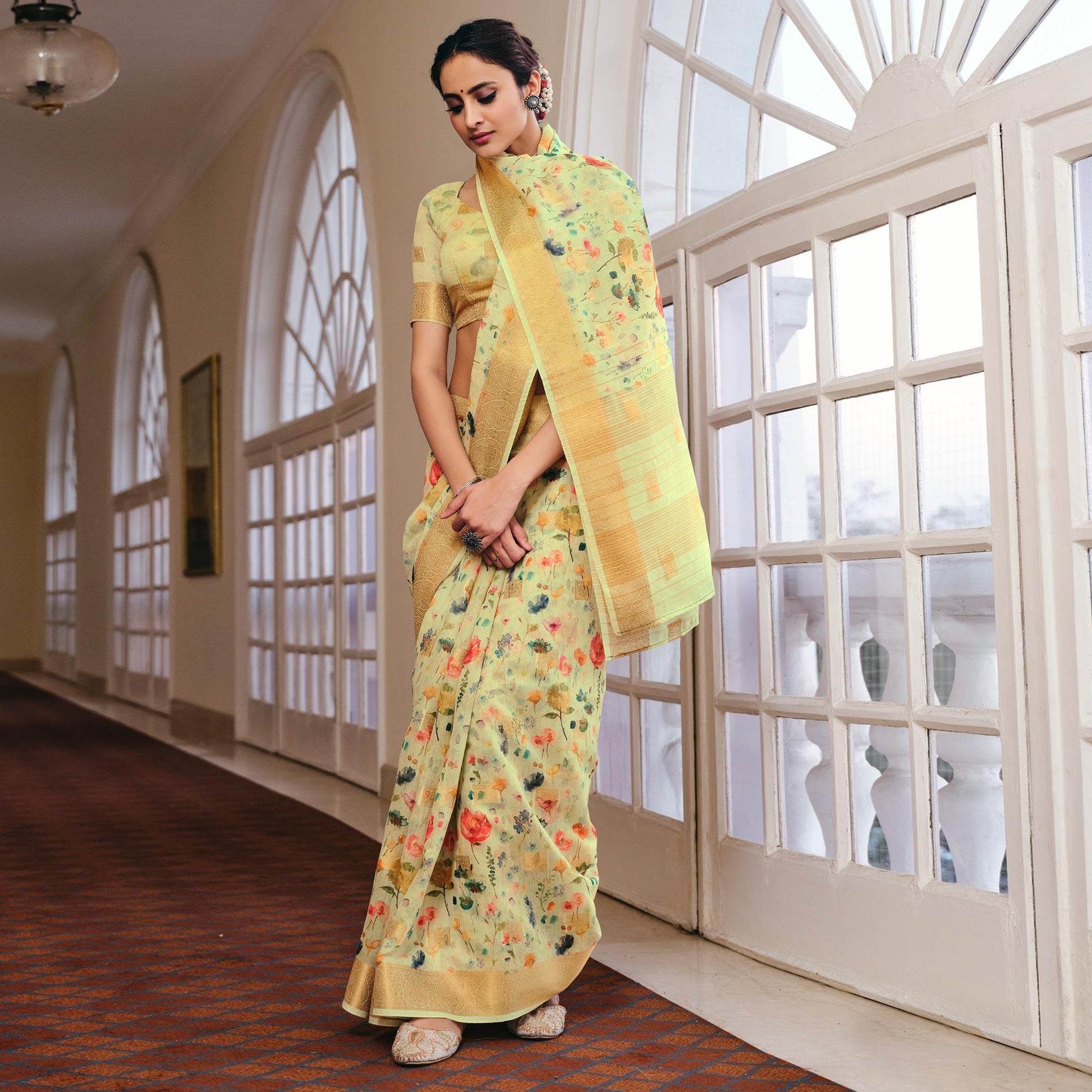 Impressive Yellow-Lemon Colored Party Wear Digital Printed Linen Saree