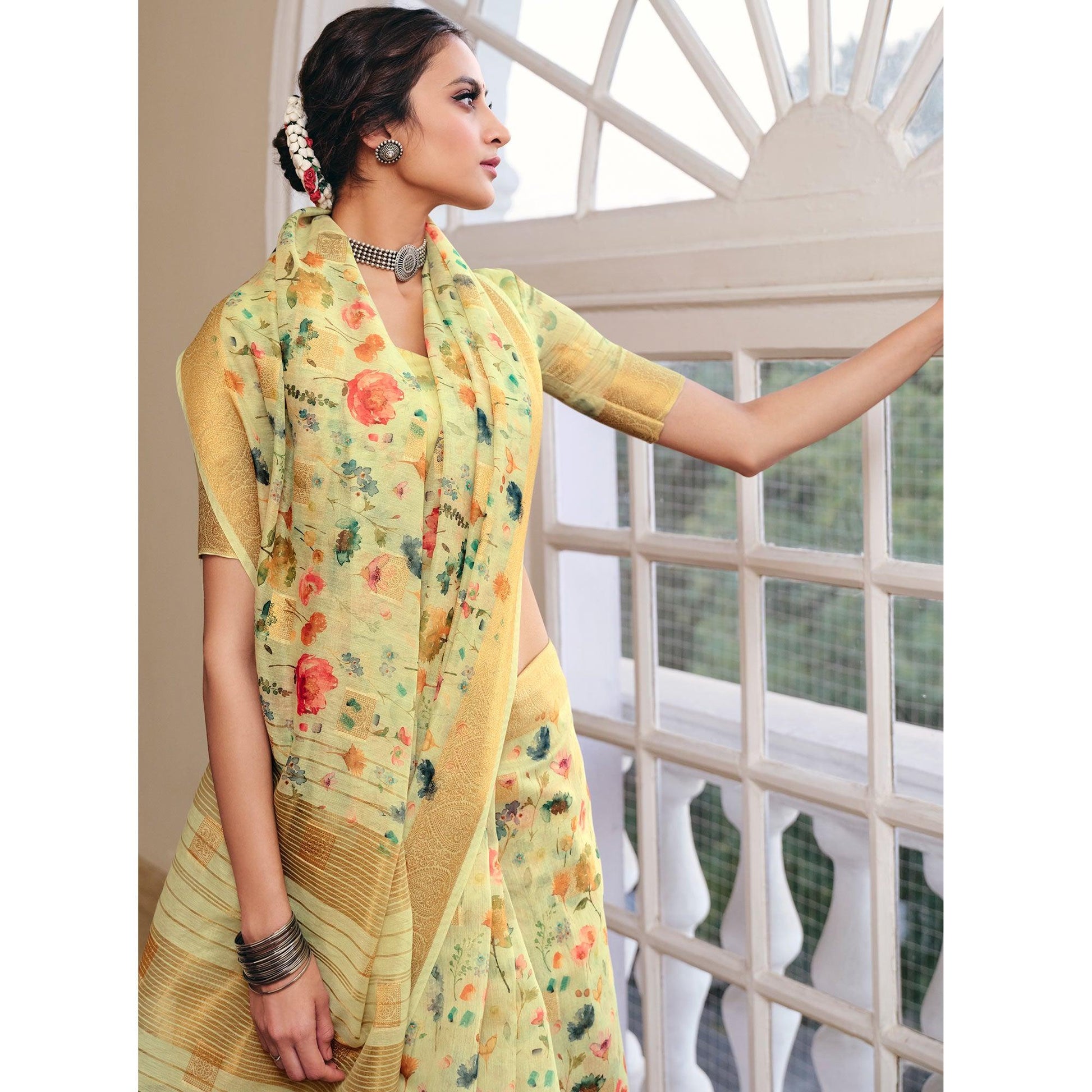 Impressive Yellow-Lemon Colored Party Wear Digital Printed Linen Saree