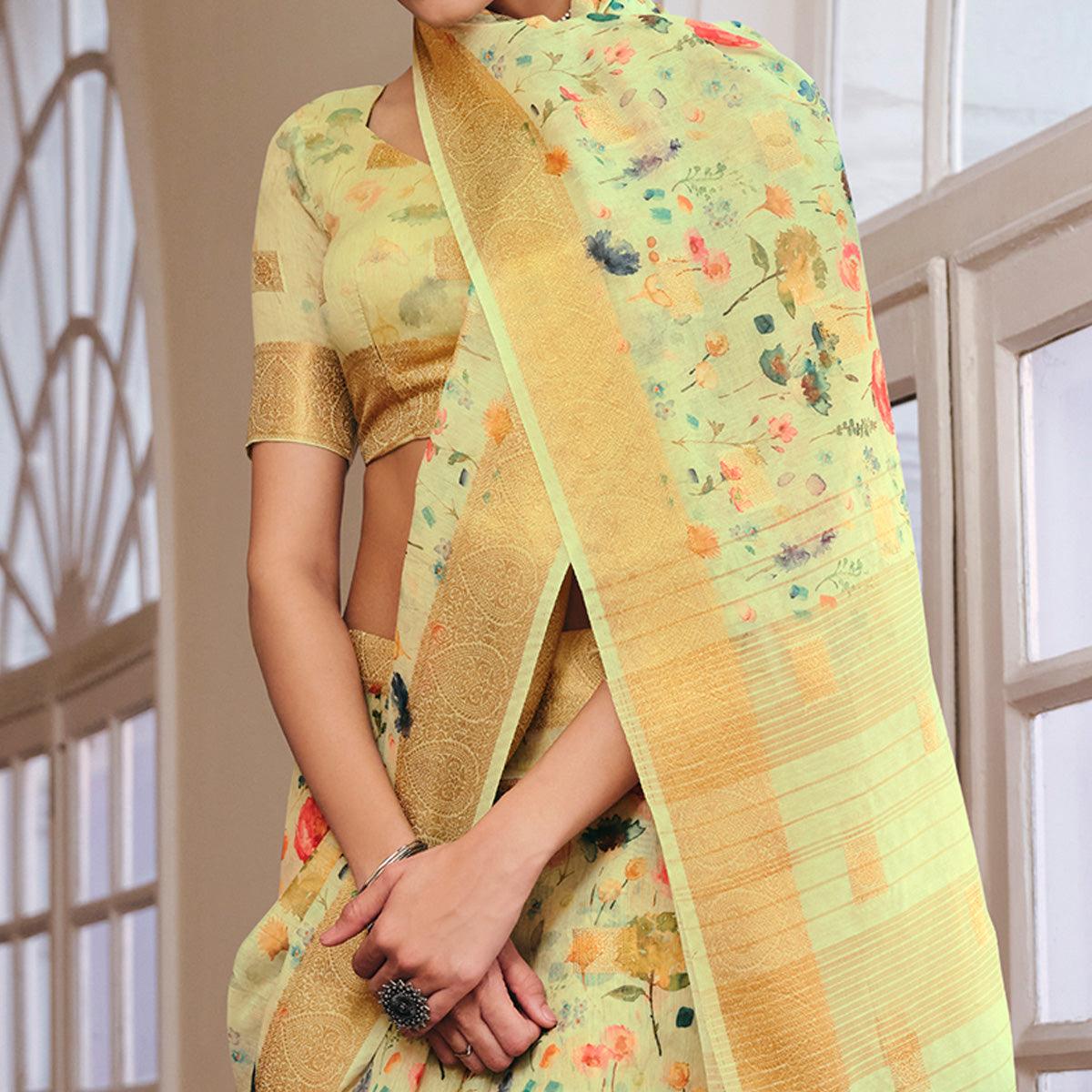 Impressive Yellow-Lemon Colored Party Wear Digital Printed Linen Saree