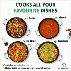 100% Pure Sheet Iron Kadai, Seasoned, Toxin-free, 1.4/2.7/4.4L, 0.6/0.9/1.4kg