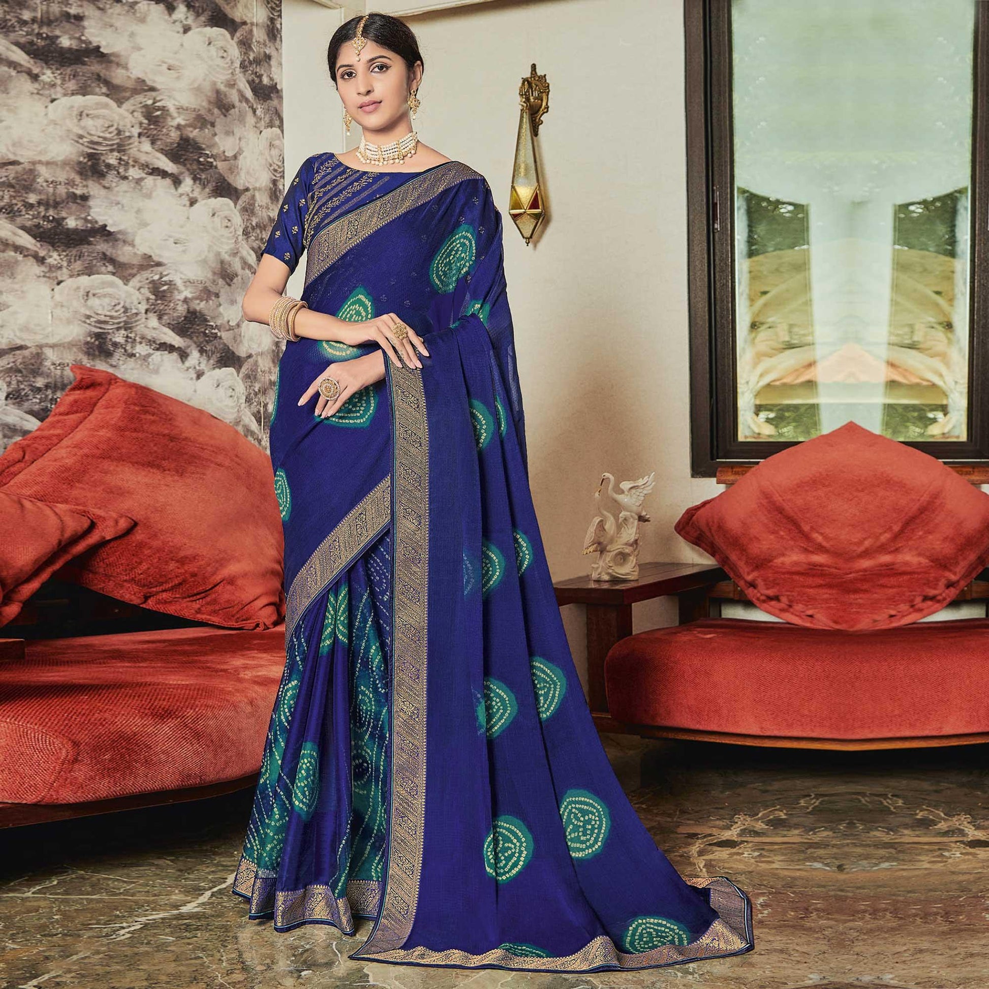 Indigo Blue Casual Wear Bandhani Printed Chiffon Saree