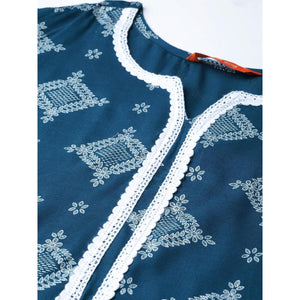 Indo Era - Blue Floral Foil Printed Straight Kurta with Palazzo Set