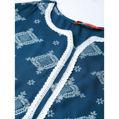 Indo Era - Blue Floral Foil Printed Straight Kurta with Palazzo Set