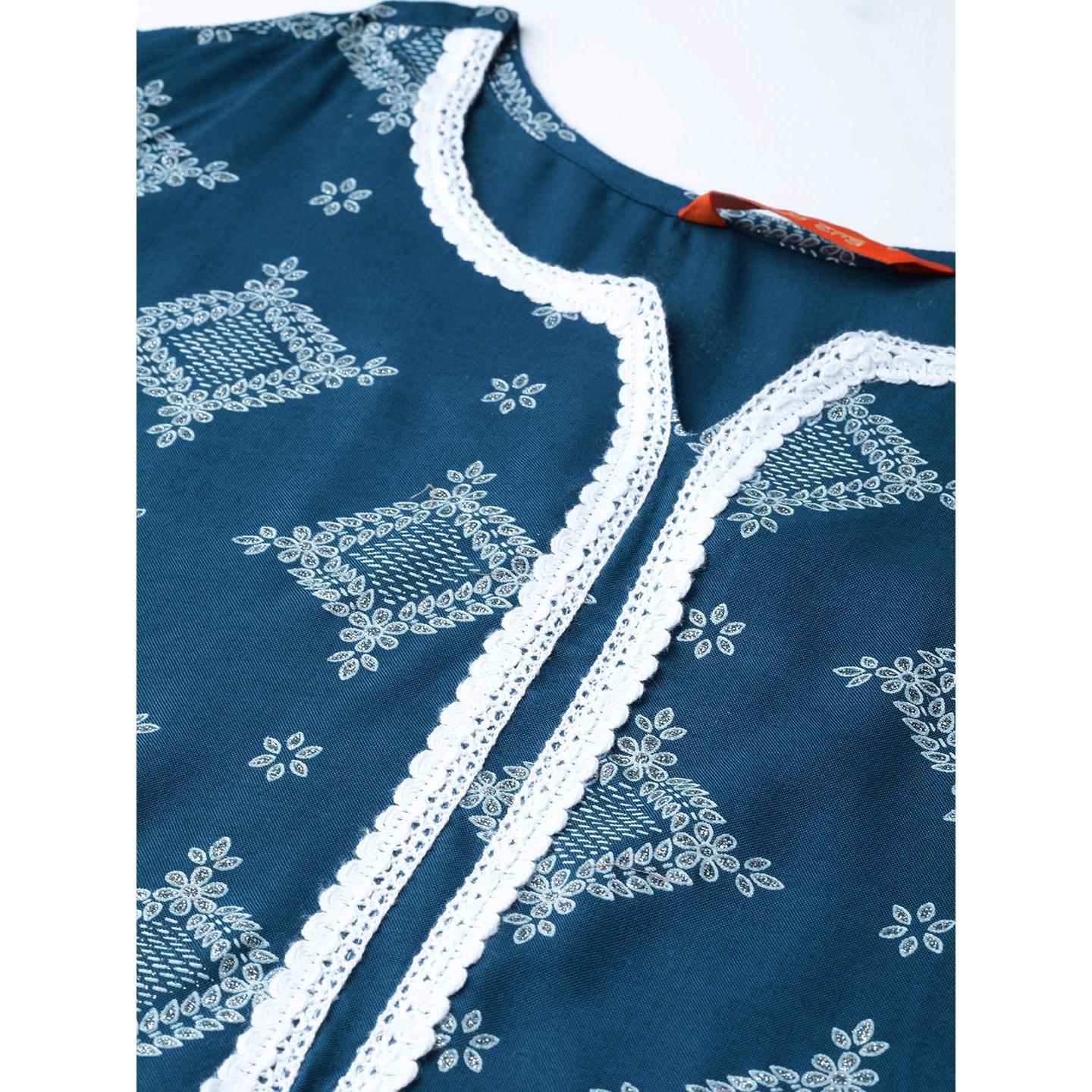 Indo Era - Blue Floral Foil Printed Straight Kurta with Palazzo Set