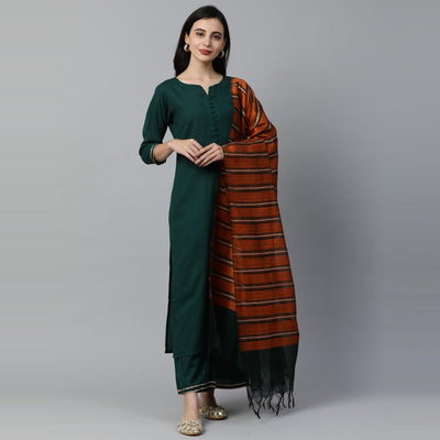 Indo Era - Green Solid Straight Kurta Palazzo with Dupatta Set