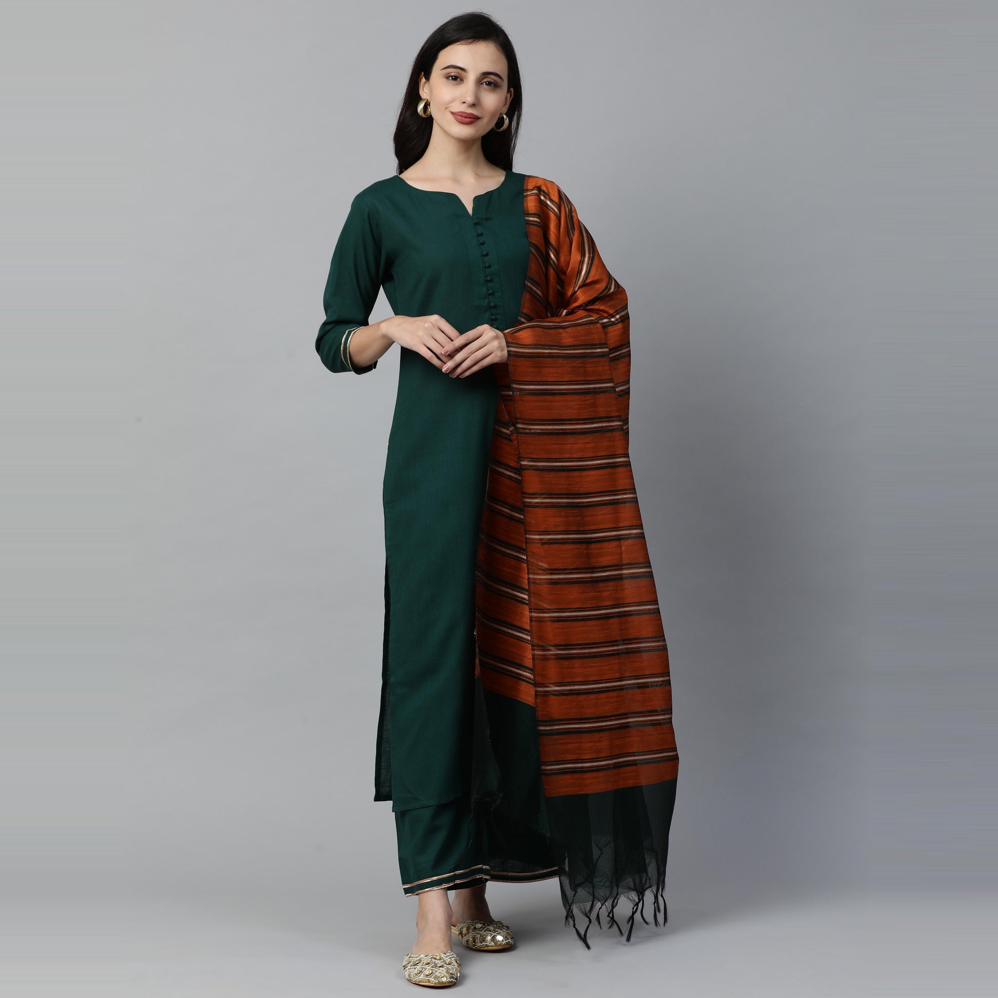 Indo Era - Green Solid Straight Kurta Palazzo with Dupatta Set