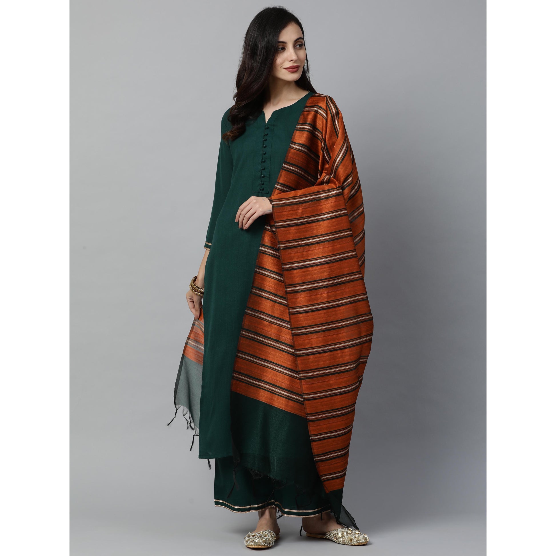 Indo Era - Green Solid Straight Kurta Palazzo with Dupatta Set