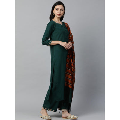 Indo Era - Green Solid Straight Kurta Palazzo with Dupatta Set