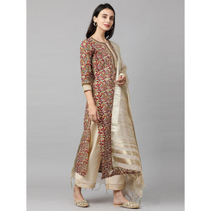 Indo Era - Maroon Printed Straight Kurta Palazzo with Dupatta Sets
