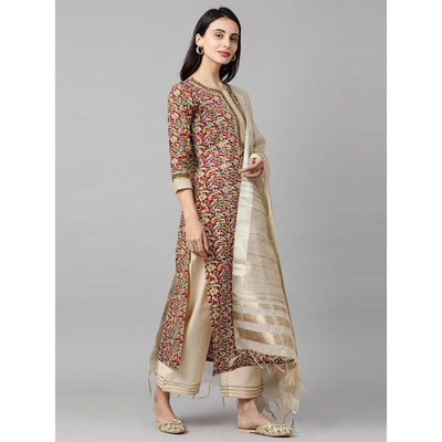 Indo Era - Maroon Printed Straight Kurta Palazzo with Dupatta Sets