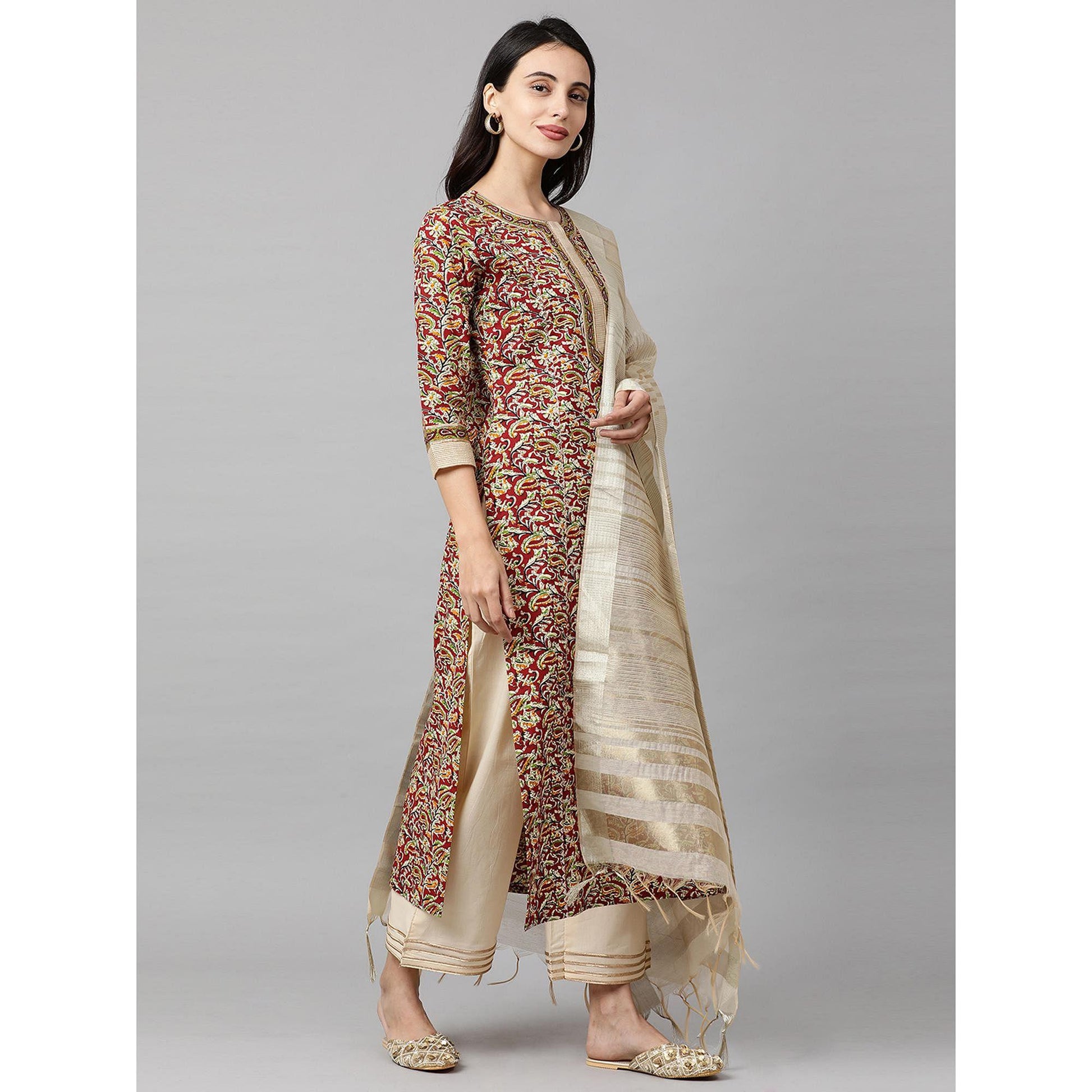 Indo Era - Maroon Printed Straight Kurta Palazzo with Dupatta Sets