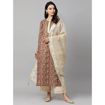 Indo Era - Maroon Printed Straight Kurta Palazzo with Dupatta Sets