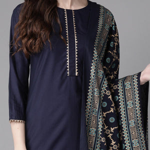 Indo Era - Navy Blue Foil Printed Straight Kurta with Palazzo Set