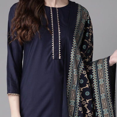 Indo Era - Navy Blue Foil Printed Straight Kurta with Palazzo Set