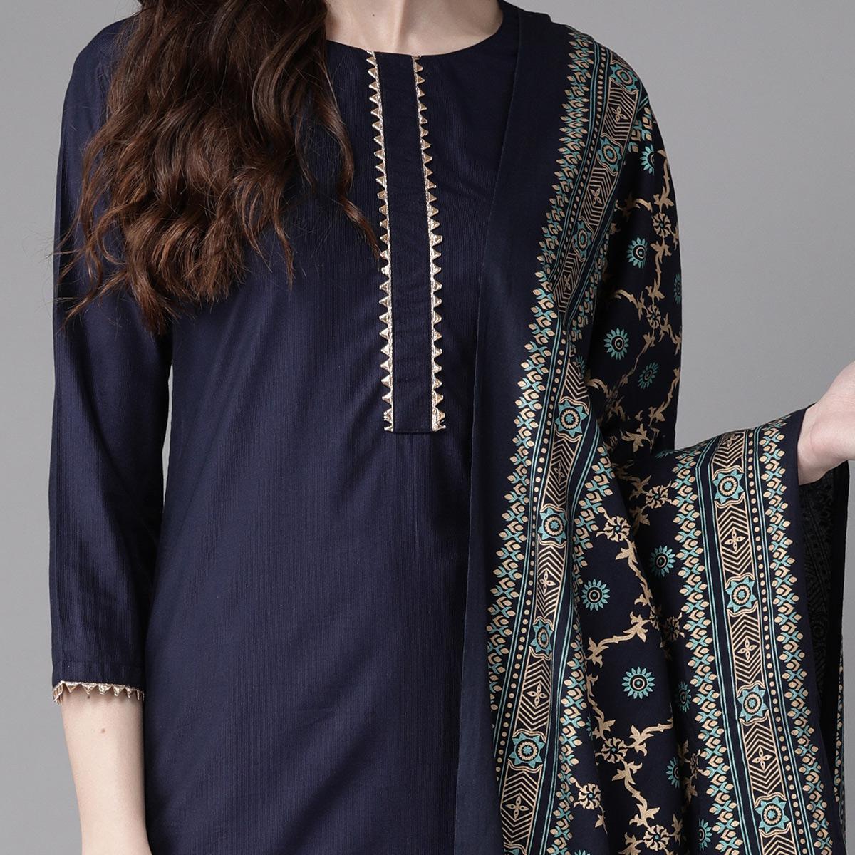 Indo Era - Navy Blue Foil Printed Straight Kurta with Palazzo Set