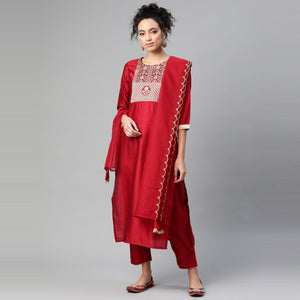 Indo Era - Red Solid Straight Kurta Trouser Set with Dupatta