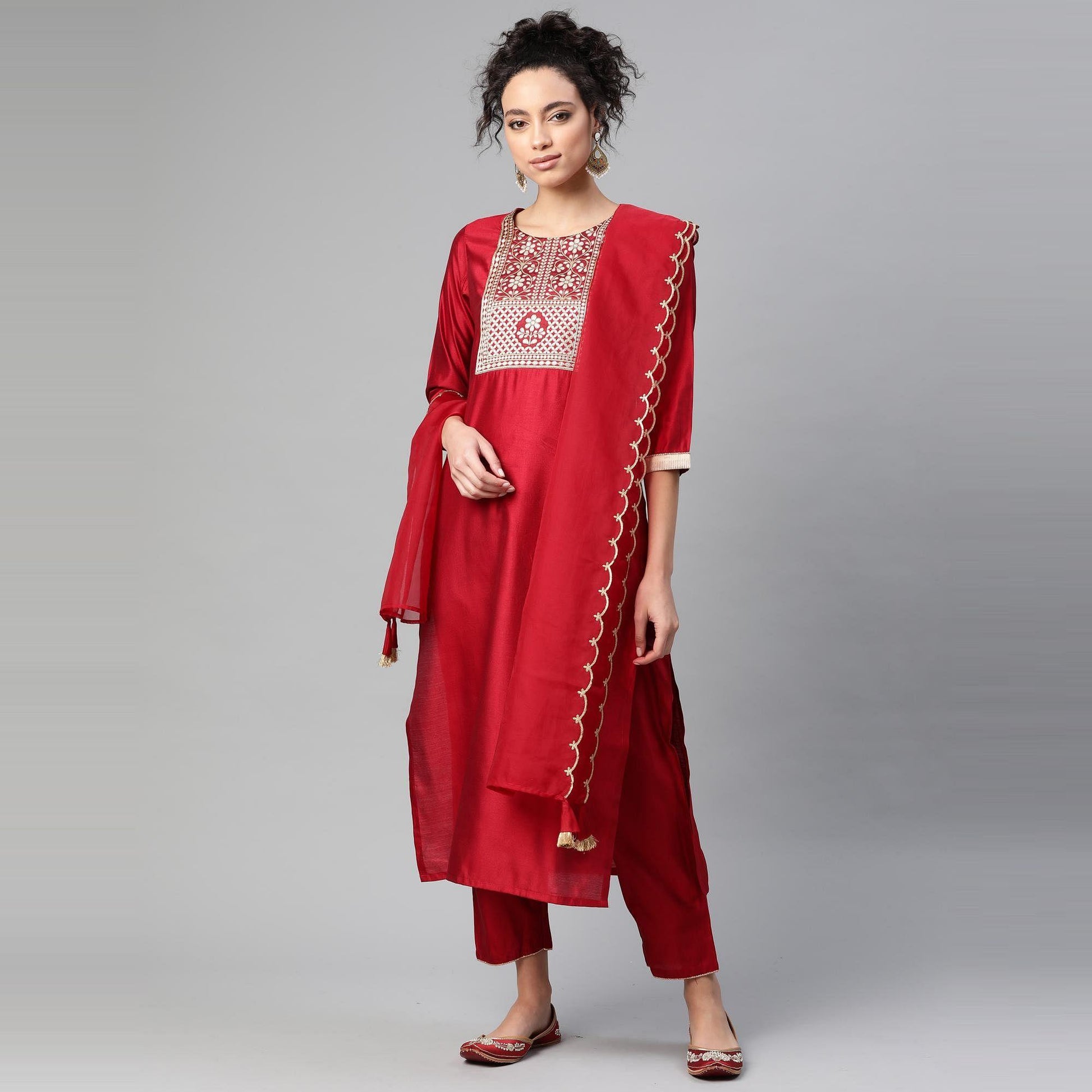 Indo Era - Red Solid Straight Kurta Trouser Set with Dupatta