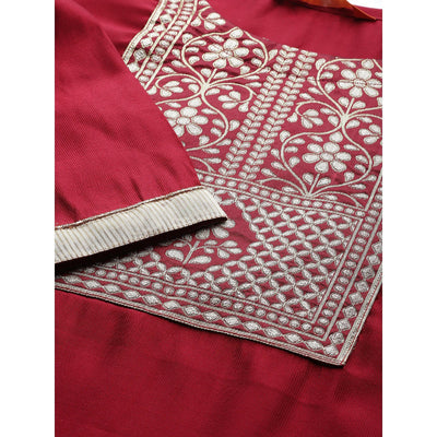 Indo Era - Red Solid Straight Kurta Trouser Set with Dupatta