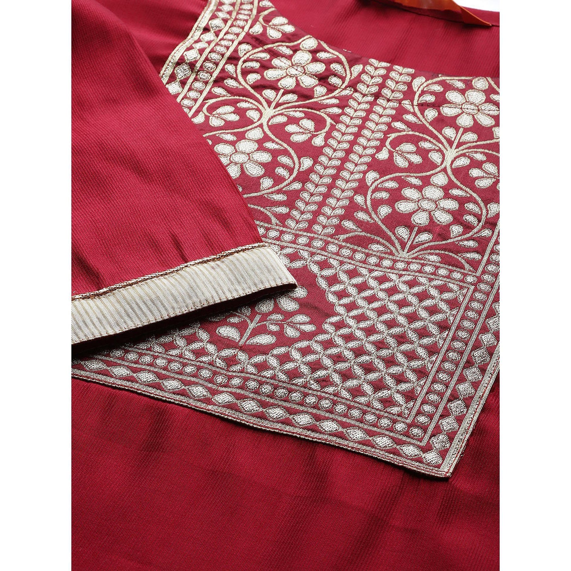 Indo Era - Red Solid Straight Kurta Trouser Set with Dupatta