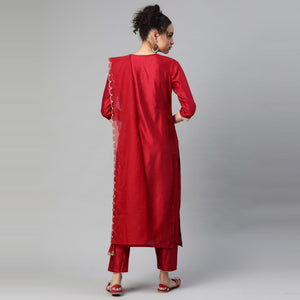 Indo Era - Red Solid Straight Kurta Trouser Set with Dupatta