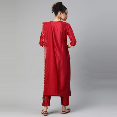 Indo Era - Red Solid Straight Kurta Trouser Set with Dupatta