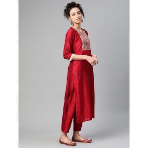 Indo Era - Red Solid Straight Kurta Trouser Set with Dupatta