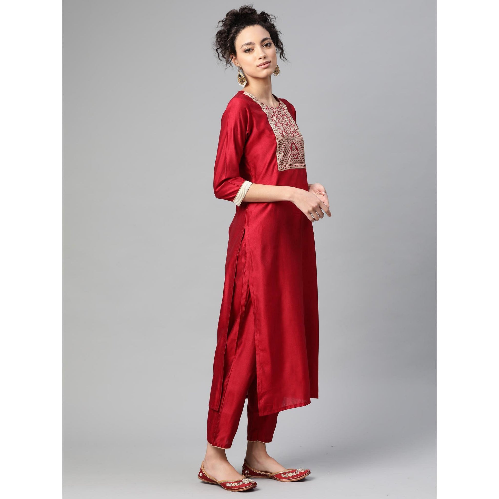 Indo Era - Red Solid Straight Kurta Trouser Set with Dupatta