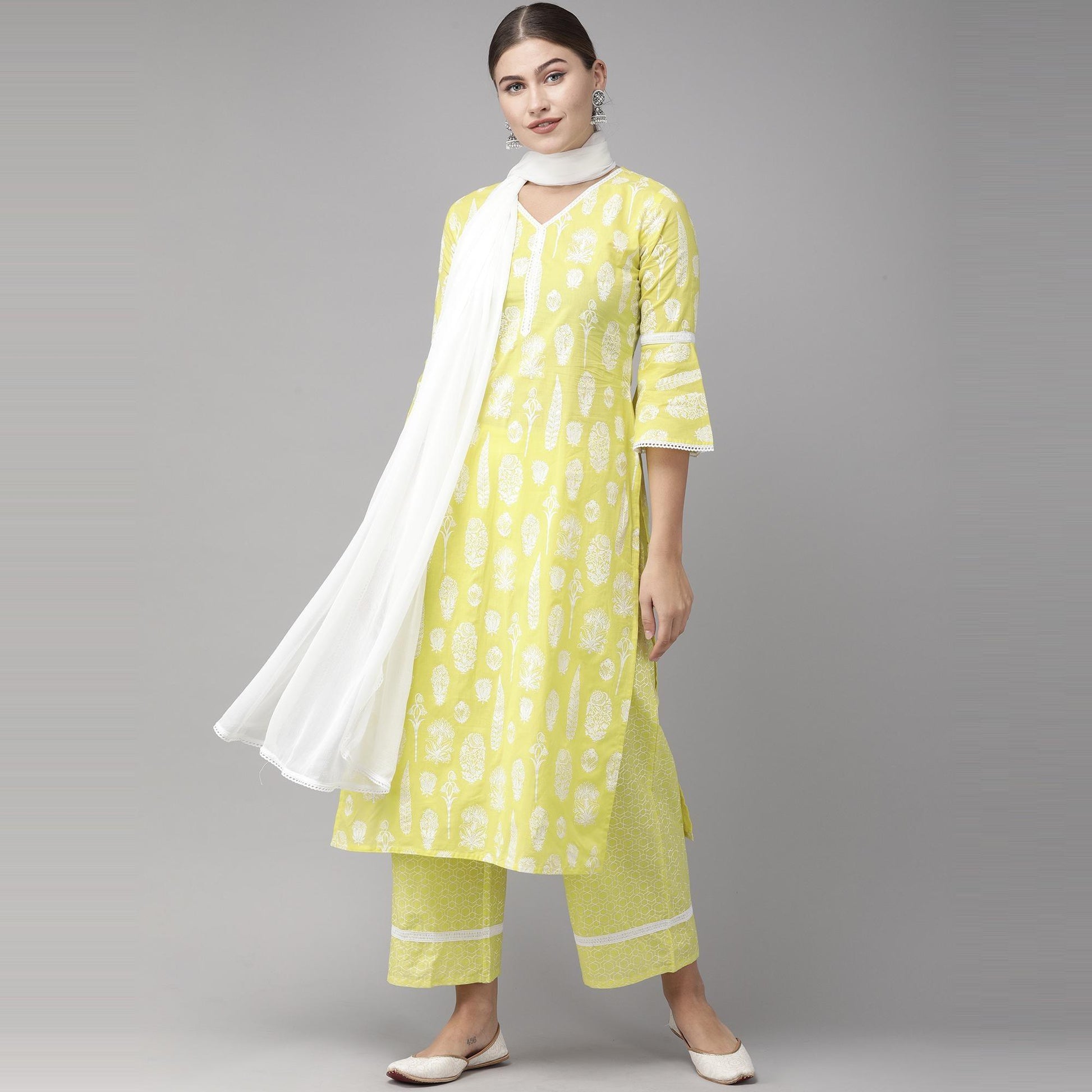 Indo Era Yellow Foil Printed Straight Pure Cotton Kurta Palazzo with Dupatta Set