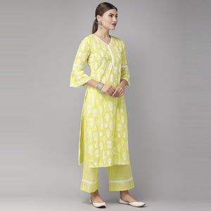 Indo Era Yellow Foil Printed Straight Pure Cotton Kurta Palazzo with Dupatta Set