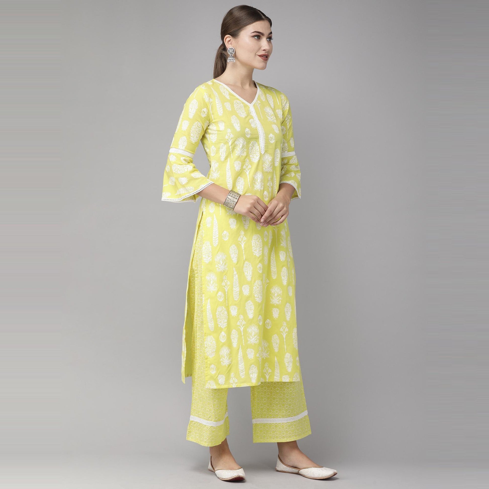 Indo Era Yellow Foil Printed Straight Pure Cotton Kurta Palazzo with Dupatta Set