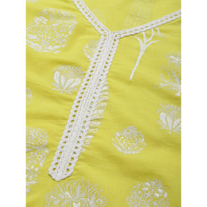 Indo Era Yellow Foil Printed Straight Pure Cotton Kurta Palazzo with Dupatta Set