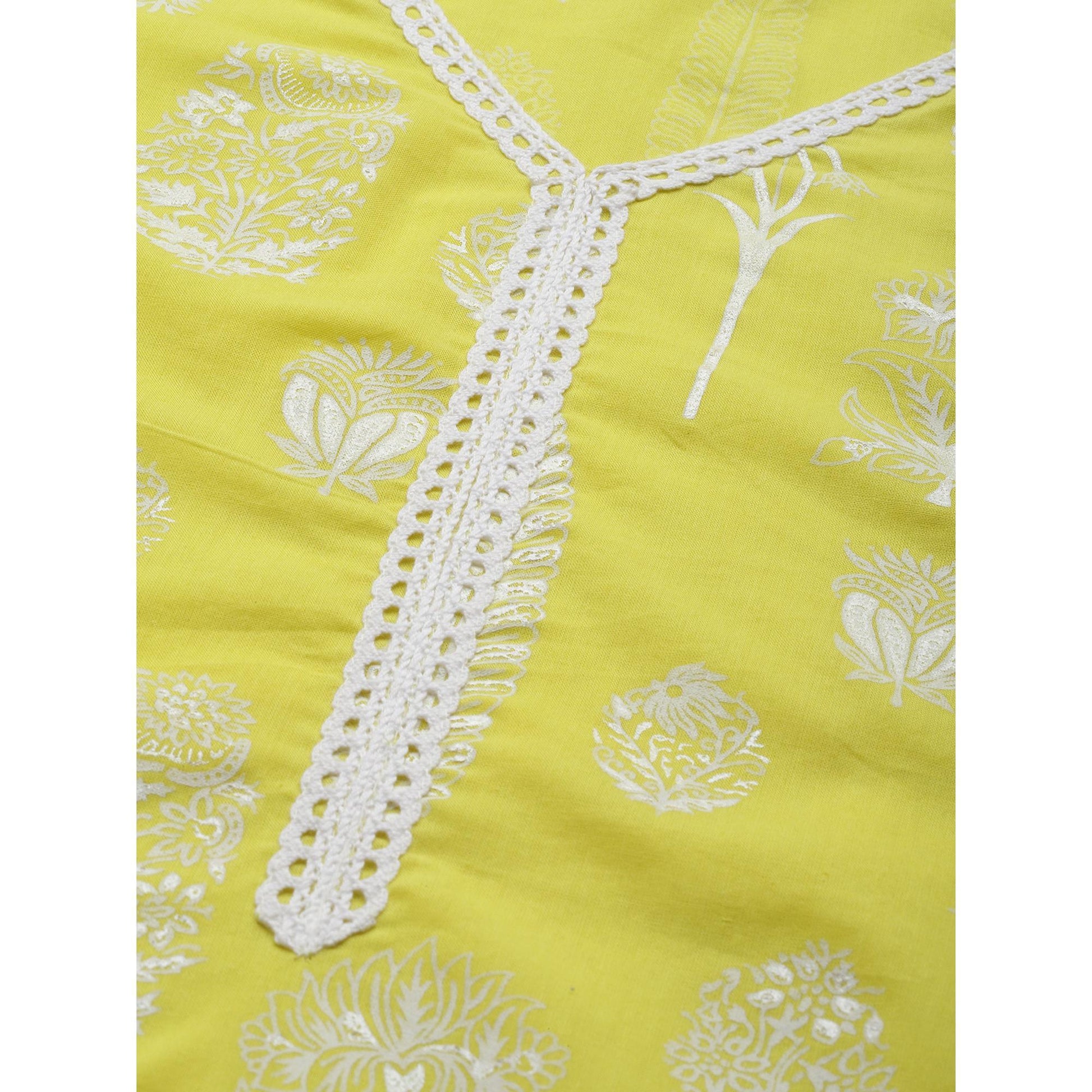 Indo Era Yellow Foil Printed Straight Pure Cotton Kurta Palazzo with Dupatta Set