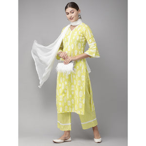 Indo Era Yellow Foil Printed Straight Pure Cotton Kurta Palazzo with Dupatta Set