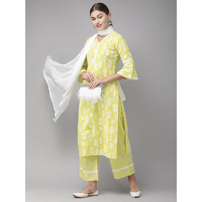 Indo Era Yellow Foil Printed Straight Pure Cotton Kurta Palazzo with Dupatta Set