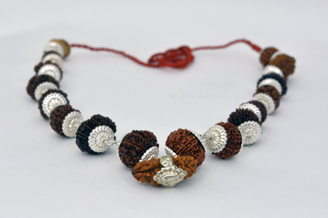 Indrakshi Mala with silver cap made by 1-14 Mukhi Rudraksha (Length 36cm approx)