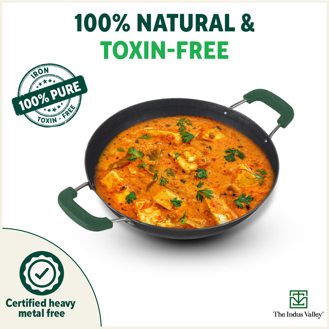 100% Pure Sheet Iron Kadai with Silicon Handle, Seasoned, Toxin-free